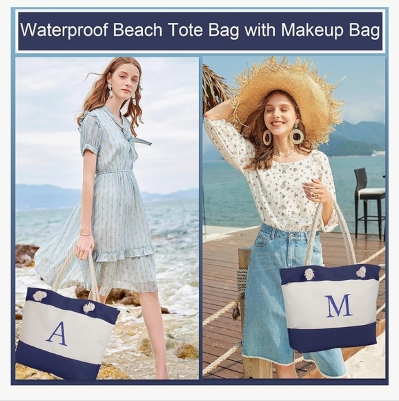 Beach Canvas Bags for Women Initial Tote Waterproof Bag & Cosmetic Bag "M" - Picture 4 of 6